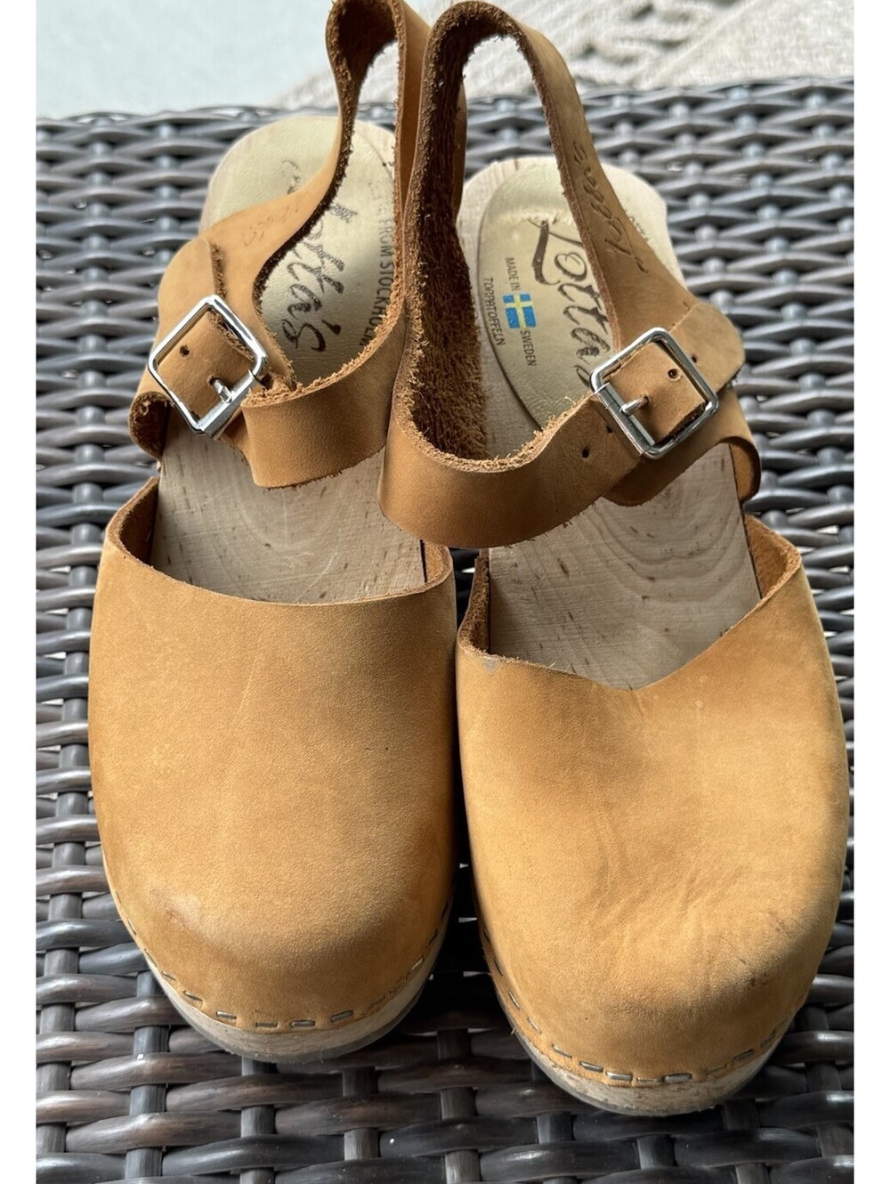 Lotta's Stockholm Clogs Sandal Womens 37 Tan Wood Swedish Shoe 2” Heel nubuck